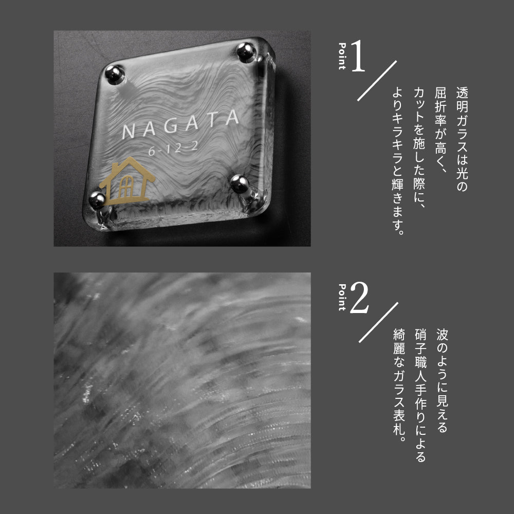 表札 おしゃれ 戸建て ガラス表札 高耐候性 約W148mm×H148mm×t20mm 化粧ビス gs-nmpl-1097