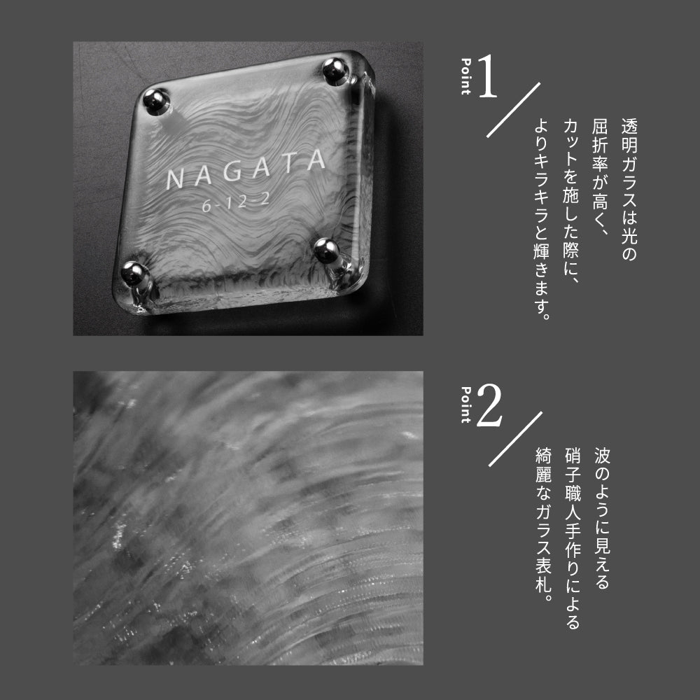 表札 おしゃれ 戸建て ガラス表札 約W148mm×H148mm×t20mm 透明感 高耐候性 手作り 門札 玄関 新築祝い gs-nmpl-1098