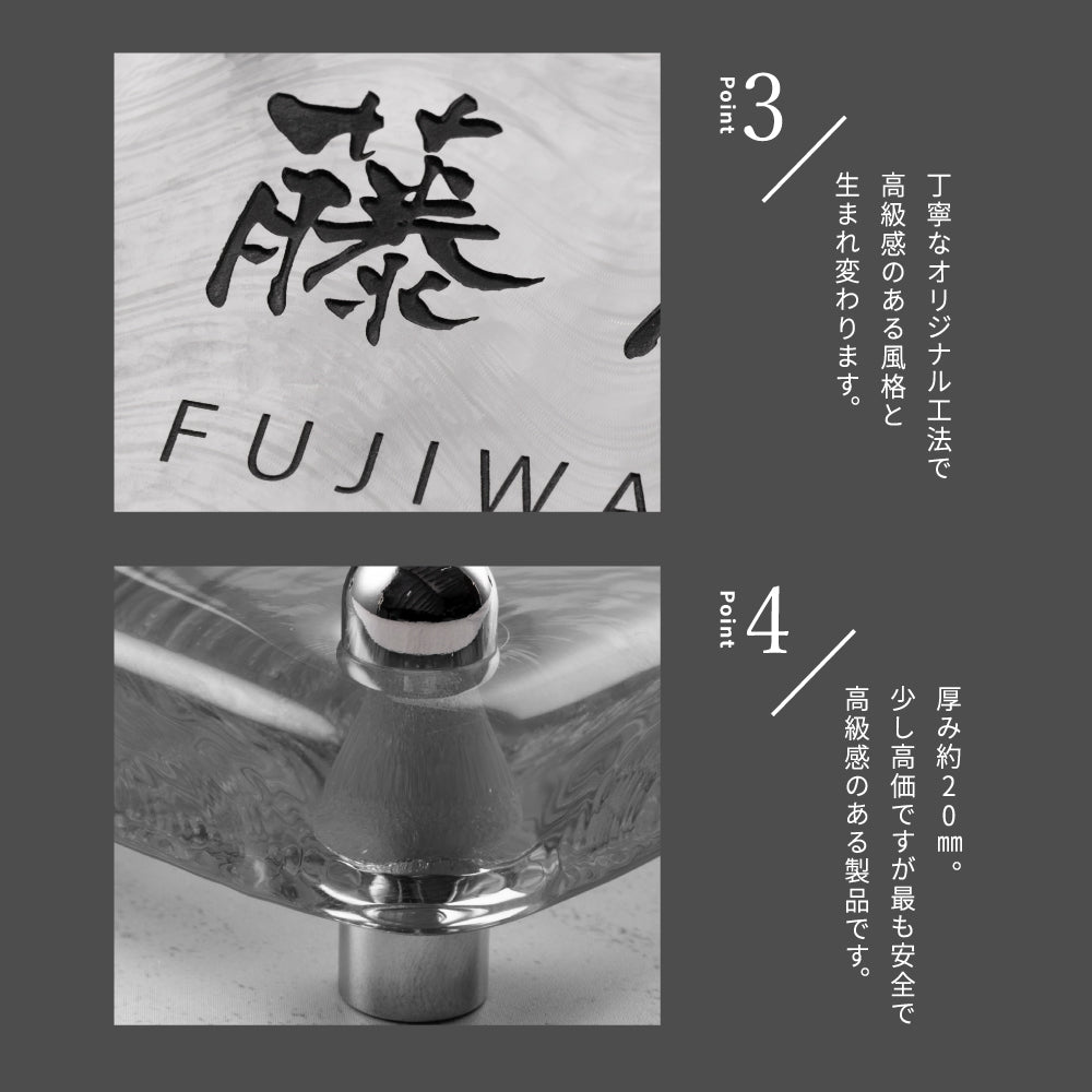 表札 おしゃれ 戸建て ガラス表札 約W148mm×H148mm×t20mm 透明感 高耐候性 手作り 門札 玄関 新築祝い gs-nmpl-1098