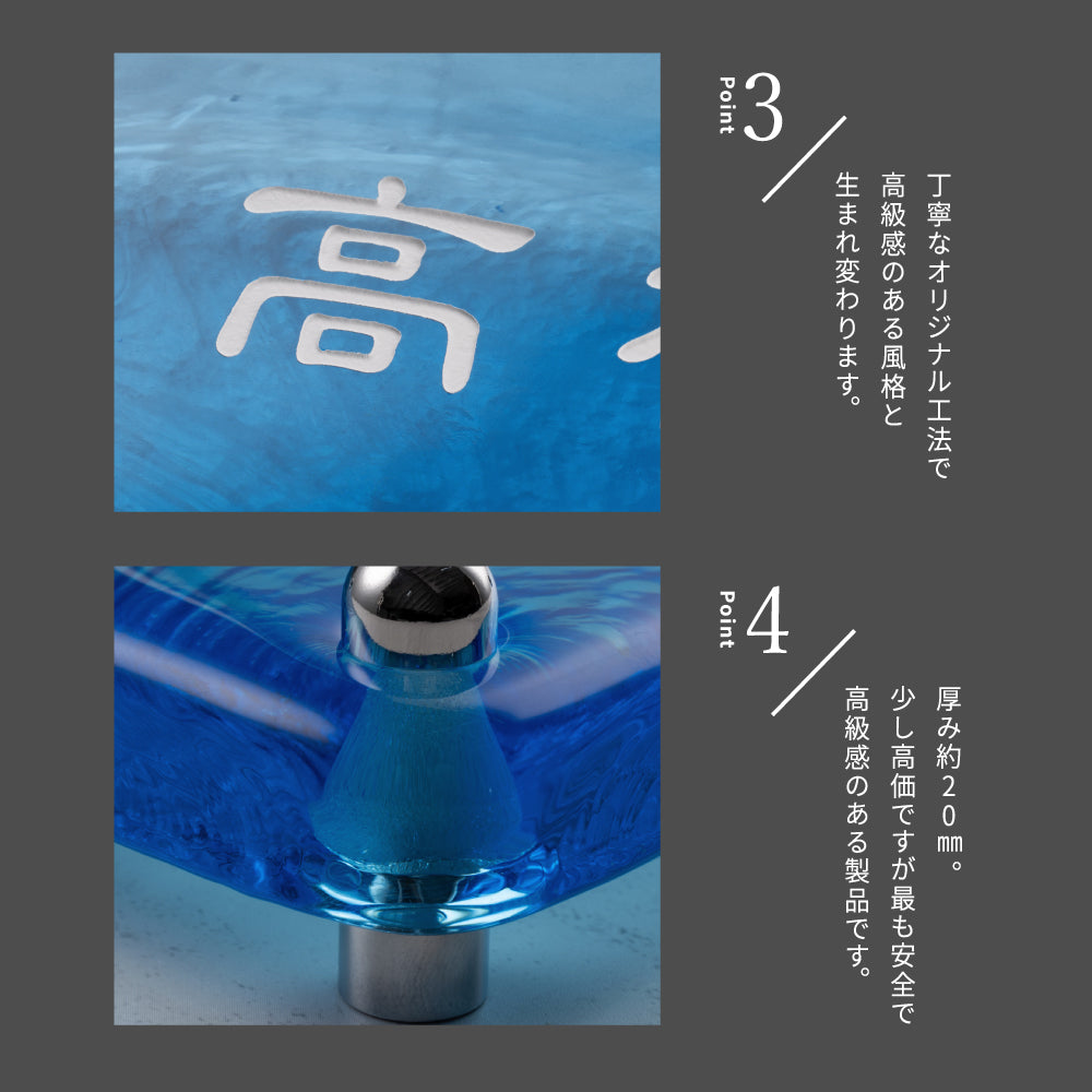 表札 おしゃれ 戸建て ガラス表札 約W148mm×H148mm×t20mm ブルー 高耐候性 手作り 門札 玄関 gs-nmpl-1099