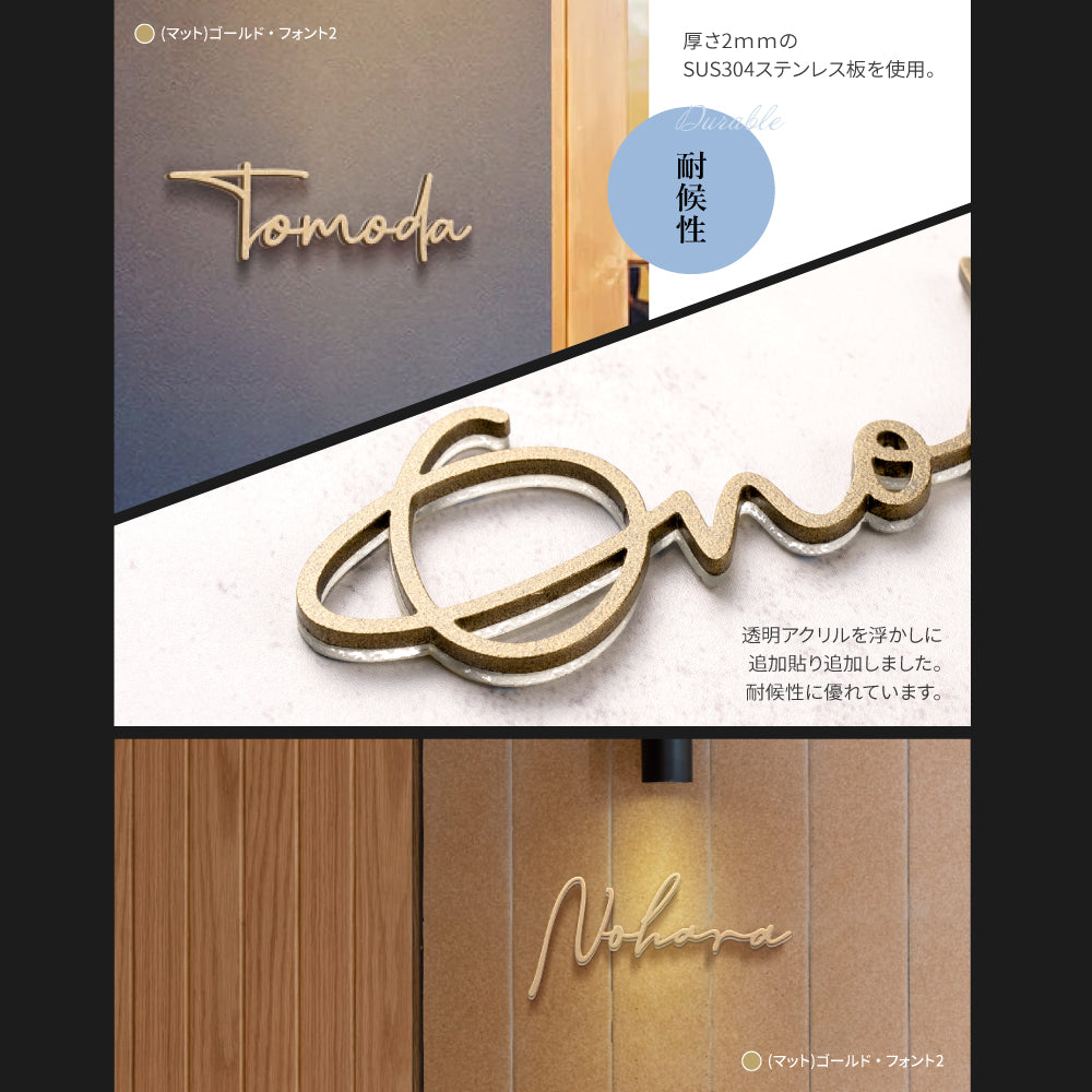 表札 ステンレス シール 戸建 門柱 機能門柱 切り文字 おしゃれ マンション 特注 サイズ 両面テープ付き 貼り付け 番地プレート DIY ルームナンバー 番地 筆記体 手書き風 住所入り gs-nmpl-1009