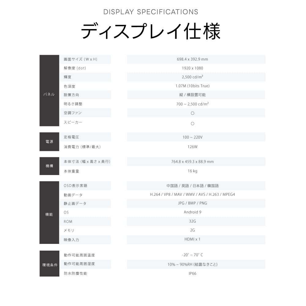 屋外仕様 2500輝度 デジタルサイネージ 32インチ 電子看板 TV-G32-OD