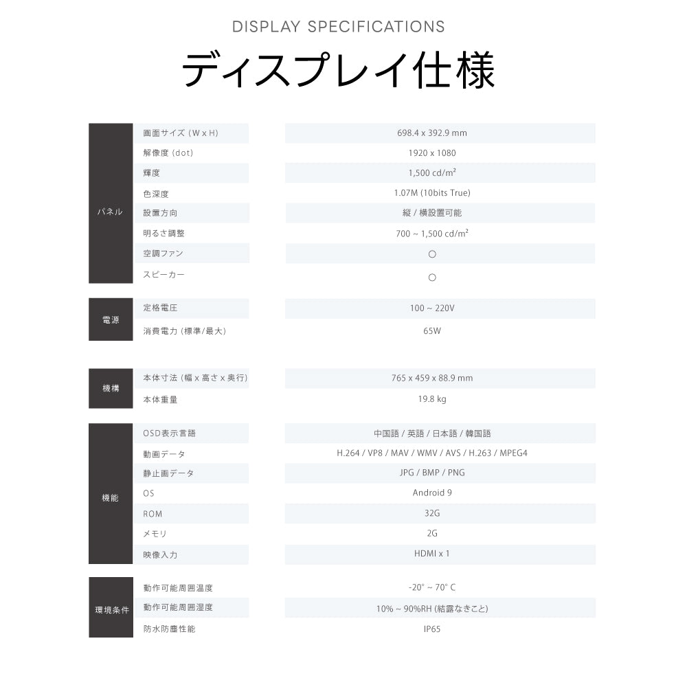 半屋外仕様 デジタルサイネージ 32インチ 電子看板 TV-G32-YD