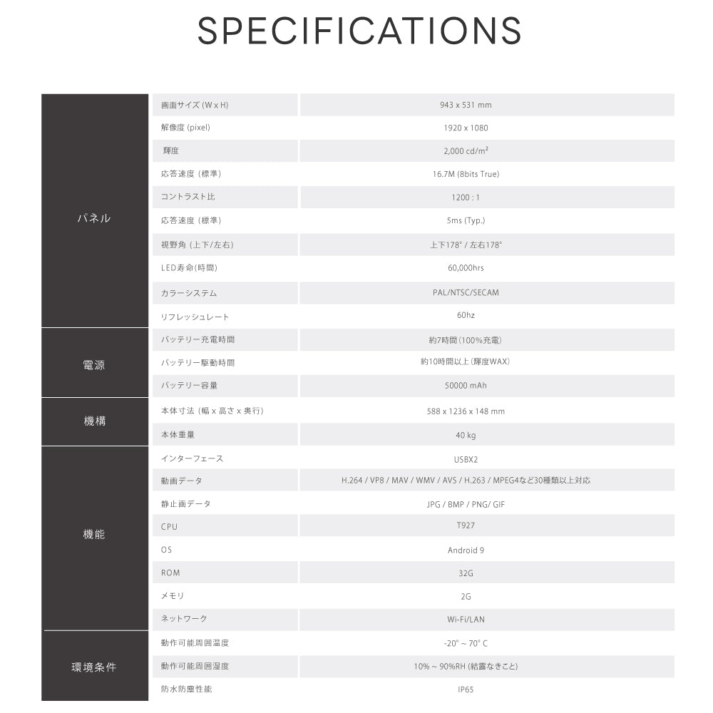 屋外仕様 デジタルサイネージ 43インチ 軽量 可動 バッテリー式 電子看板 TV-G43PO-BAT
