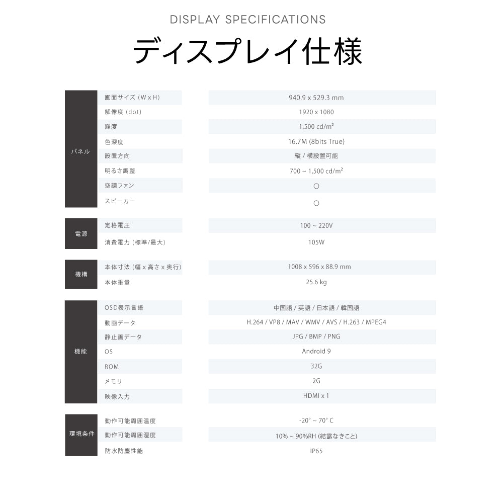 半屋外仕様 デジタルサイネージ 43インチ 電子看板 TV-G43-YD