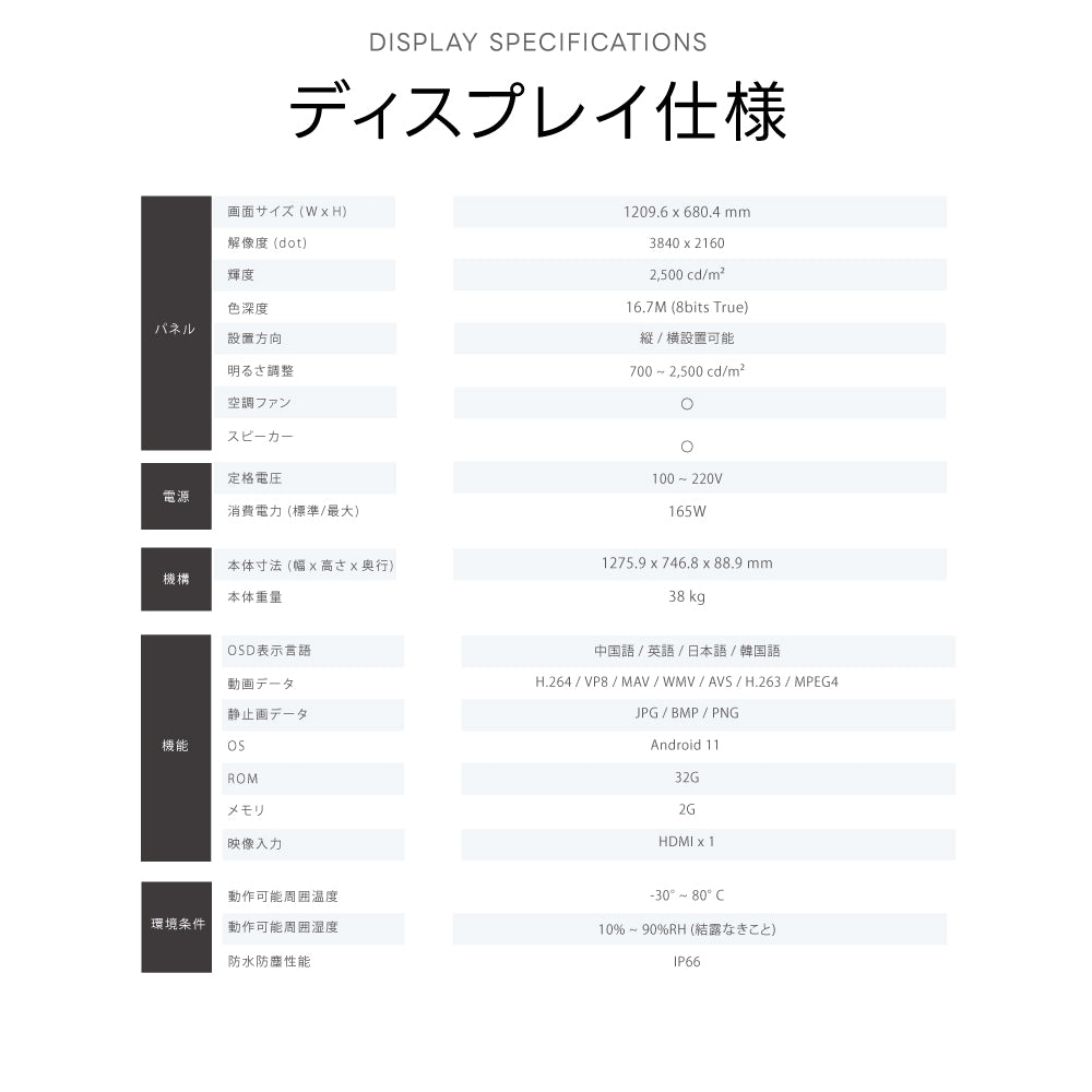 屋外仕様 2500輝度 デジタルサイネージ 55インチ 電子看板 TV-G55-OD