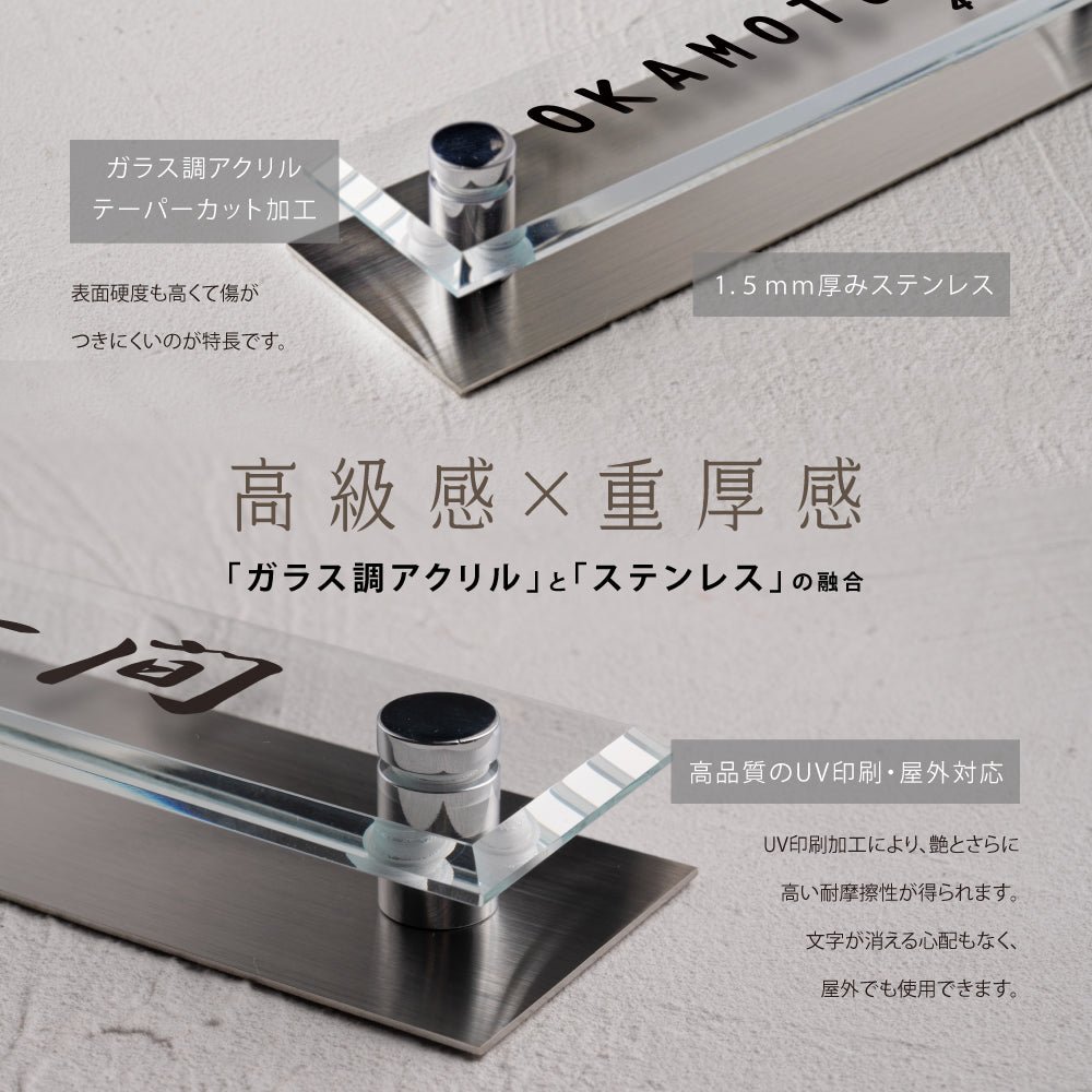 表札 おしゃれ 戸建て ガラス表札 約W155mm×H55mm/ W185mm×H45mmガラス×ステンレス 厚みt5mm/門柱 新築祝い gs-nmpl-1059
