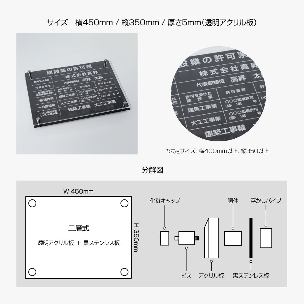 解体工事業者登録票 看板 業者票 事務所【黒ステンレス×アクリル板】gs-pl-kaitai-t-black
