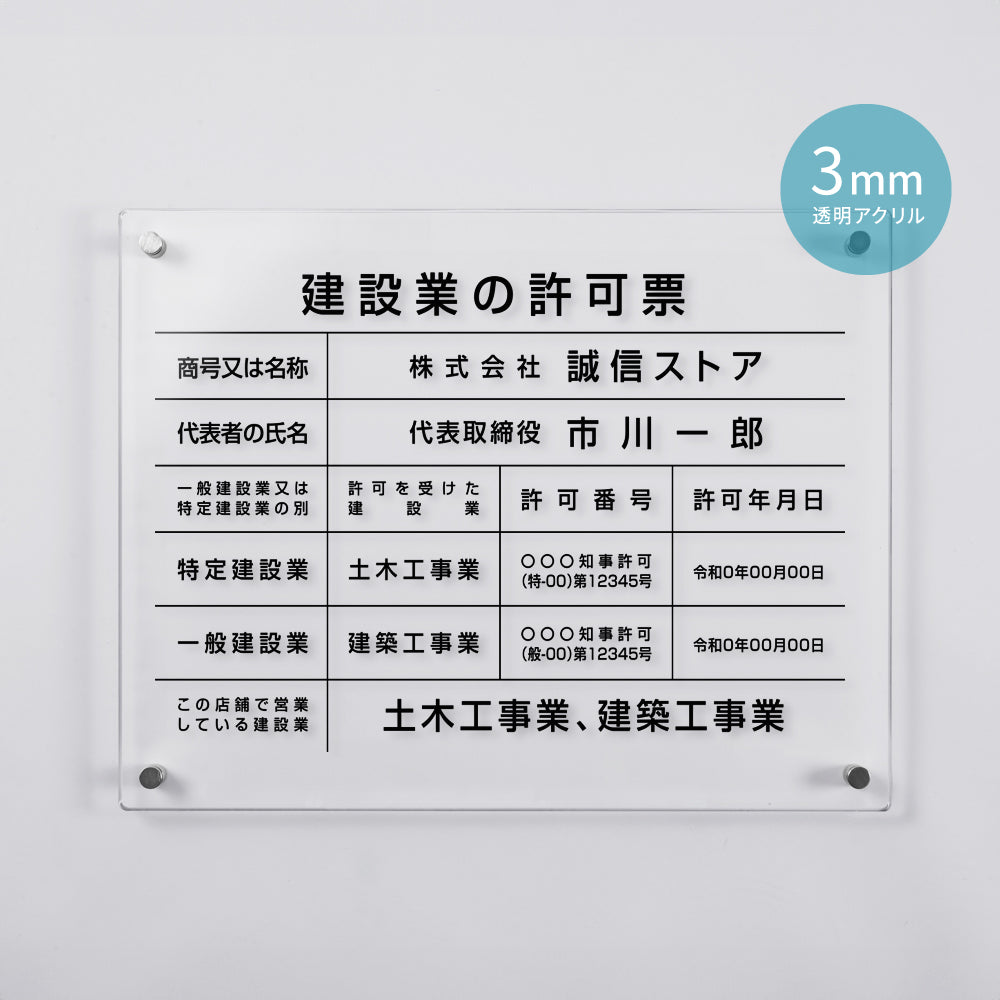 建設業の許可票 看板 W450mm×H350mm×t3mm 許可票 文字入れ無料 【内容印刷込み】gspl-3rb