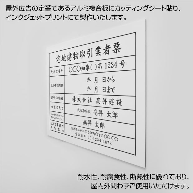 建設業の許可票 看板 業者票 白看板×黒文字 【内容印刷込み】pl-white