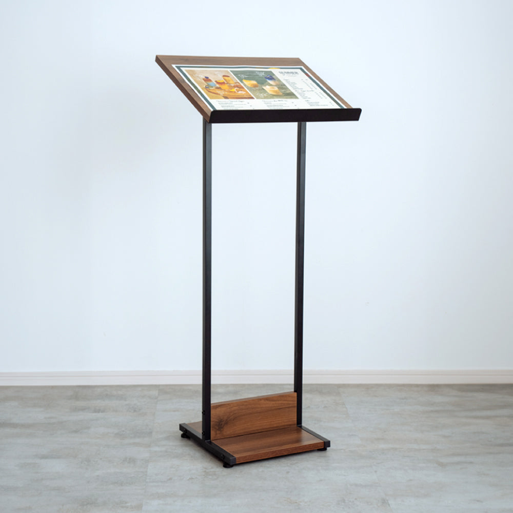 斜めタイプ木製 メニュースタンド 案内板 A3サイズ 横置き磁石止め ウォルナット色 TMSX-110